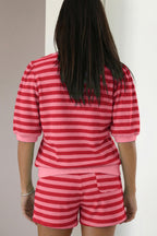 Casual Outfit Set Striped Blouse Round Neck Short Sleeve and Drwastring Shorts