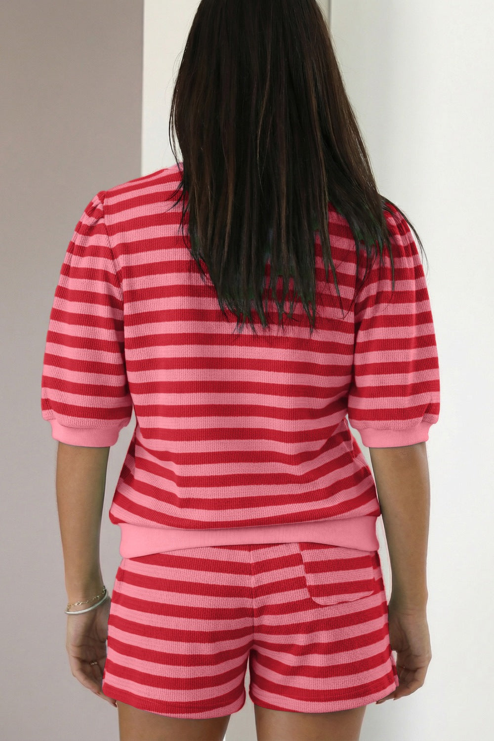 Casual Outfit Set Striped Blouse Round Neck Short Sleeve and Drwastring Shorts