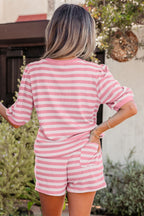 Casual Outfit Set Striped Blouse Round Neck Short Sleeve and Drwastring Shorts