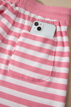 Casual Outfit Set Striped Blouse Round Neck Short Sleeve and Drwastring Shorts