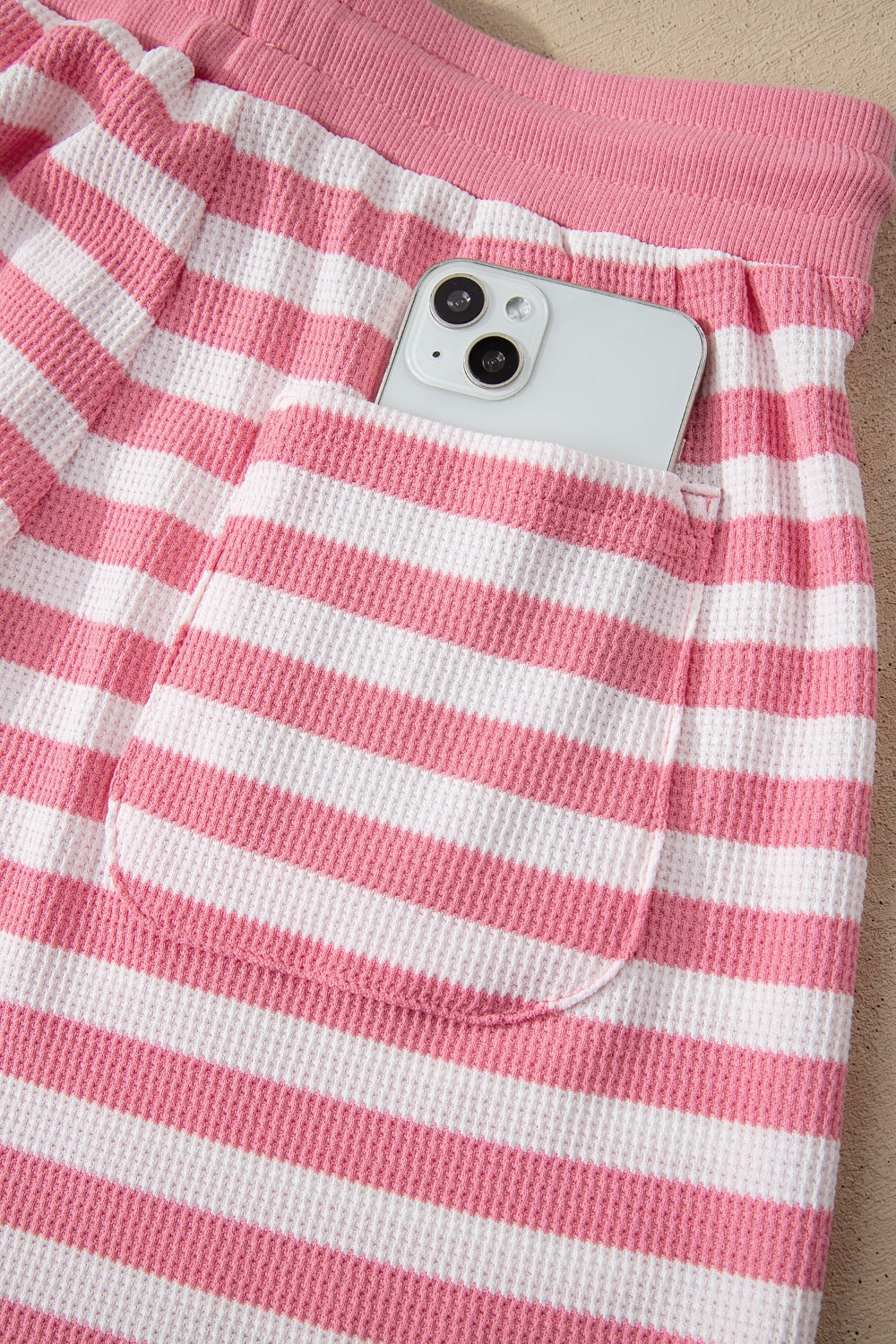 Casual Outfit Set Striped Blouse Round Neck Short Sleeve and Drwastring Shorts