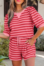 Casual Outfit Set Striped Blouse Round Neck Short Sleeve and Drwastring Shorts