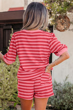 Casual Outfit Set Striped Blouse Round Neck Short Sleeve and Drwastring Shorts