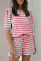 Casual Outfit Set Striped Blouse Round Neck Short Sleeve and Drwastring Shorts