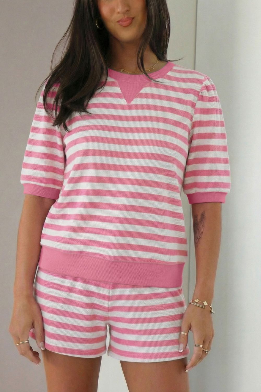 Casual Outfit Set Striped Blouse Round Neck Short Sleeve and Drwastring Shorts