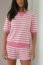Casual Outfit Set Striped Blouse Round Neck Short Sleeve and Drwastring Shorts