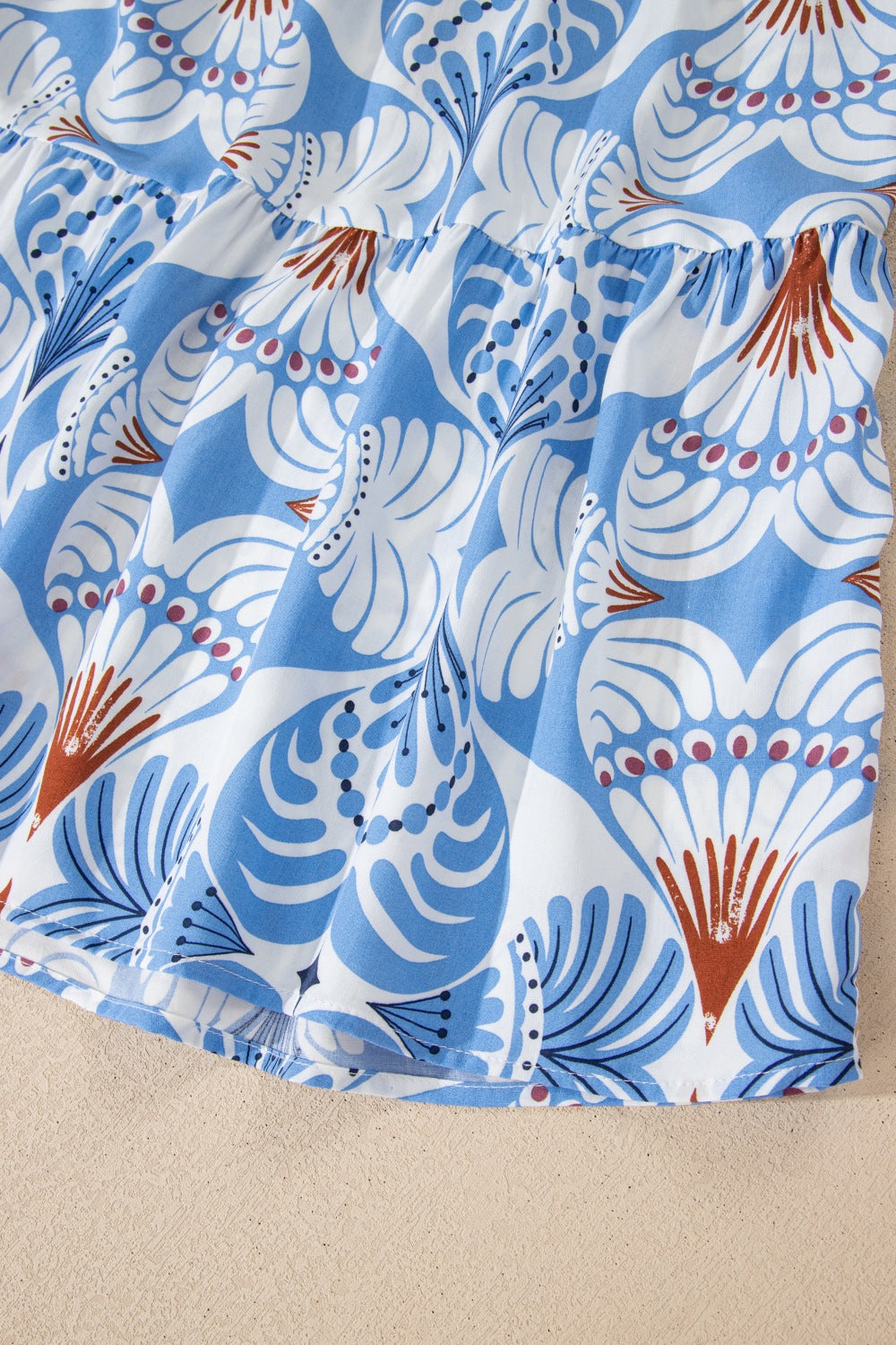 Floral Midi Dress Ruffle Layered Casual Summer Short Sleeve Round Neck Blue