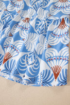Geblümtes Midikleid Rüschenschichten Lässiges Sommer Kurzarm Rundhals Blau