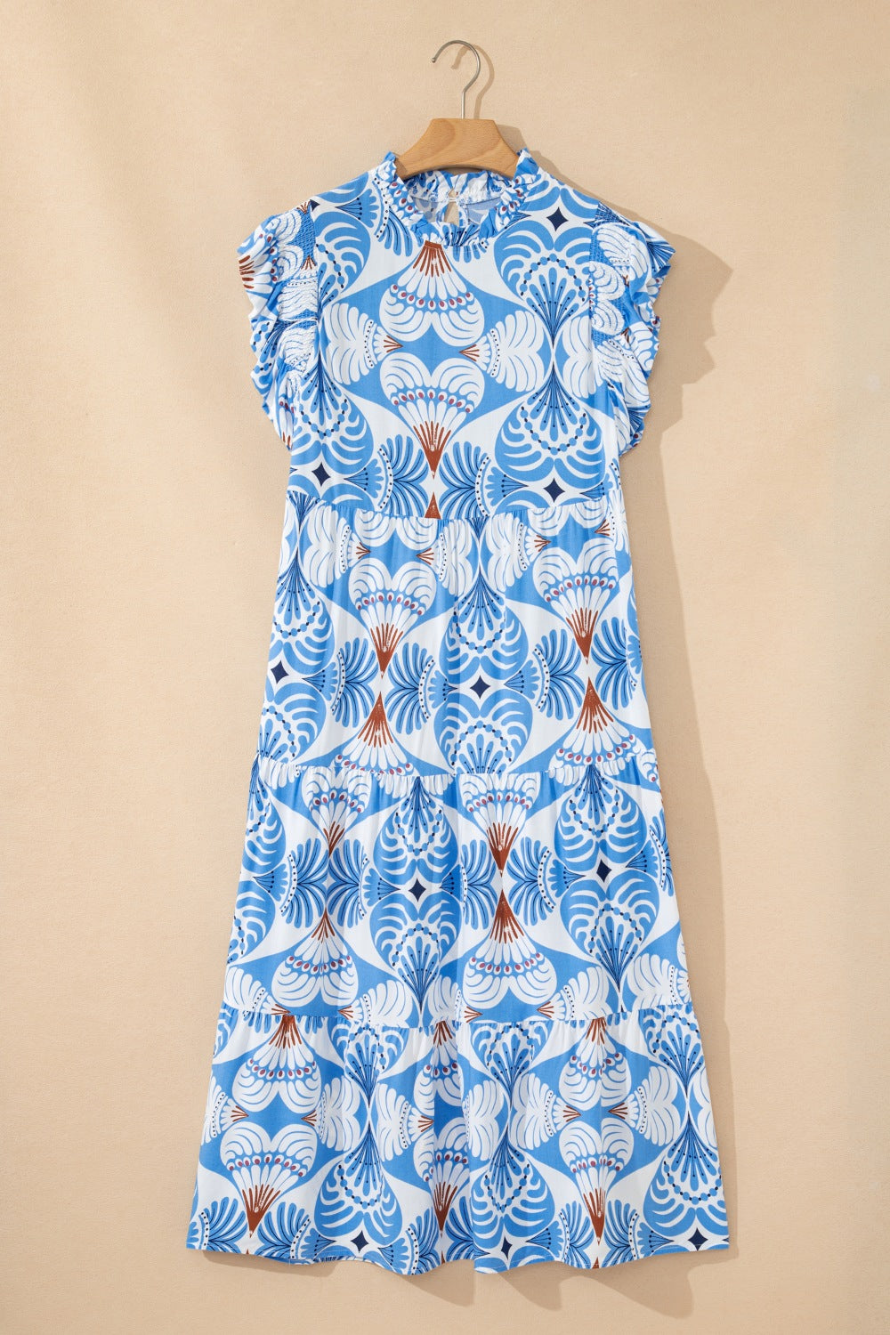 Floral Midi Dress Ruffle Layered Casual Summer Short Sleeve Round Neck Blue