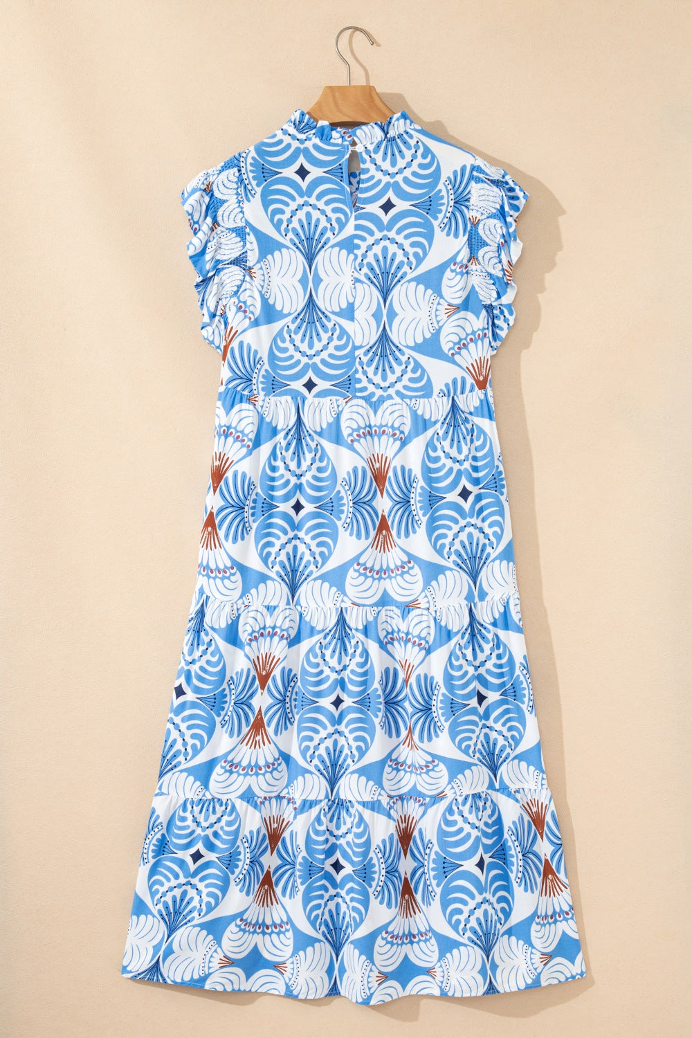 Floral Midi Dress Ruffle Layered Casual Summer Short Sleeve Round Neck Blue