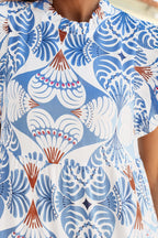 Geblümtes Midikleid Rüschenschichten Lässiges Sommer Kurzarm Rundhals Blau