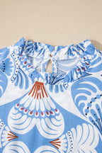 Geblümtes Midikleid Rüschenschichten Lässiges Sommer Kurzarm Rundhals Blau