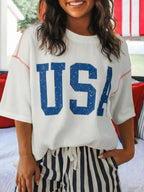 Women's Casual T-shirt USA Print Half-Sleeve Loose Ribbed White Oversized Top