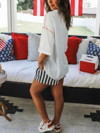 Women's Casual T-shirt USA Print Half-Sleeve Loose Ribbed White Oversized Top