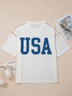 Women's Casual T-shirt USA Print Half-Sleeve Loose Ribbed White Oversized Top