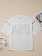 Women's Casual T-shirt USA Print Half-Sleeve Loose Ribbed White Oversized Top