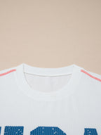 Women's Casual T-shirt USA Print Half-Sleeve Loose Ribbed White Oversized Top