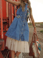 Denim Mini Dress Buttoned Western Belt Style Sleeveless Medium Blue Pocketed