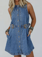 Denim Mini Dress Buttoned Western Belt Style Sleeveless Medium Blue Pocketed