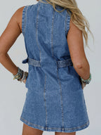 Denim Mini Dress Buttoned Western Belt Style Sleeveless Medium Blue Pocketed