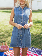 Denim Mini Dress Buttoned Western Belt Style Sleeveless Medium Blue Pocketed