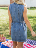 Denim Mini Dress Buttoned Western Belt Style Sleeveless Medium Blue Pocketed
