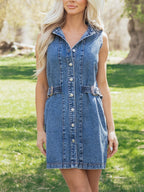 Denim Mini Dress Buttoned Western Belt Style Sleeveless Medium Blue Pocketed