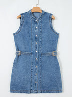 Denim Mini Dress Buttoned Western Belt Style Sleeveless Medium Blue Pocketed