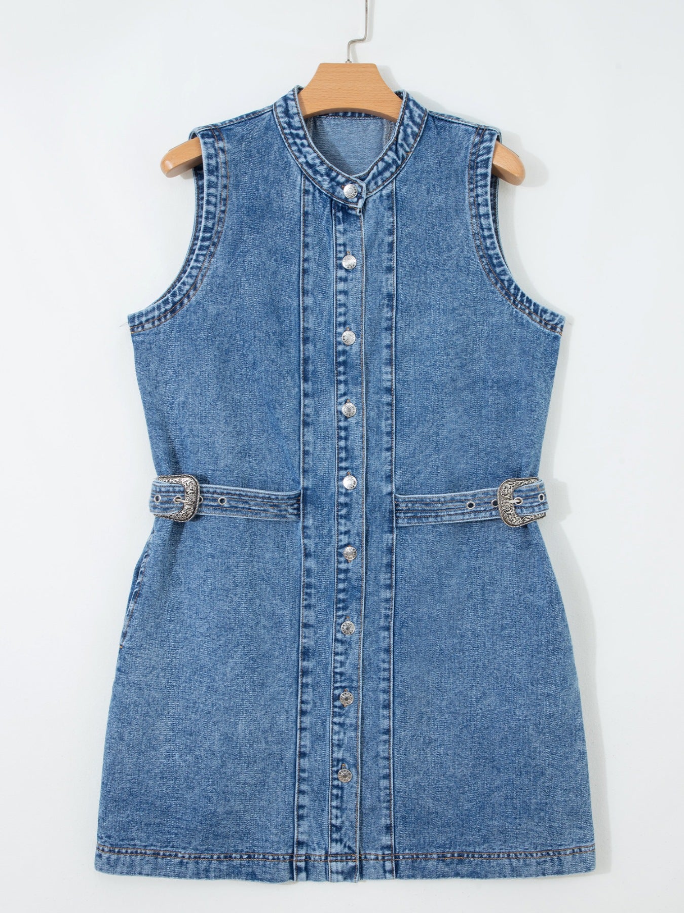 Denim Mini Dress Buttoned Western Belt Style Sleeveless Medium Blue Pocketed