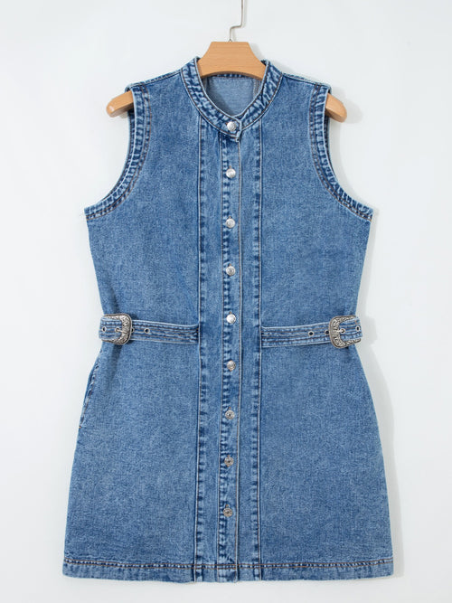 Denim Mini Dress Buttoned Western Belt Style Sleeveless Medium Blue Pocketed
