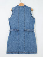 Denim Mini Dress Buttoned Western Belt Style Sleeveless Medium Blue Pocketed