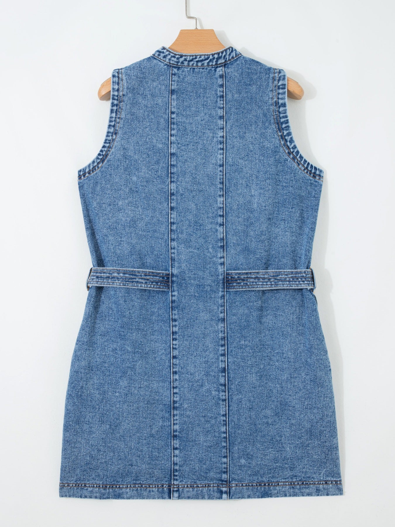 Denim Mini Dress Buttoned Western Belt Style Sleeveless Medium Blue Pocketed