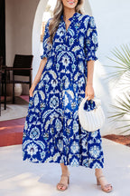 Floral Blue Midi Dress Ruffle Collared Neck Layered Casual Smocked Short Sleeve