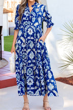 Floral Blue Midi Dress Ruffle Collared Neck Layered Casual Smocked Short Sleeve