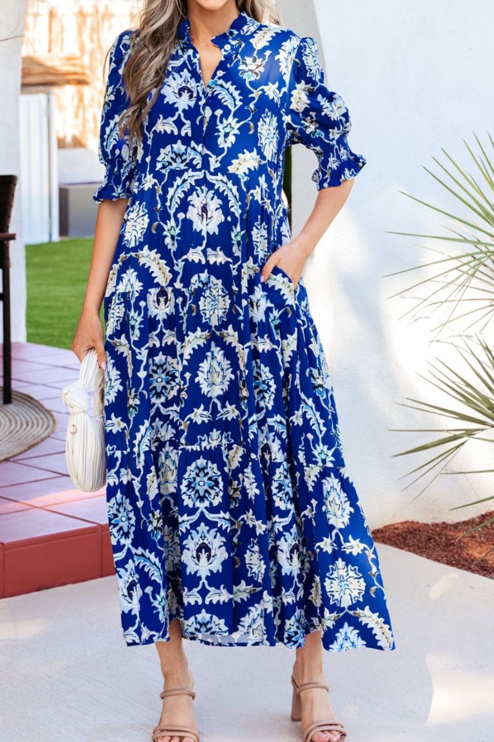 Floral Blue Midi Dress Ruffle Collared Neck Layered Casual Smocked Short Sleeve