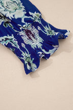 Floral Blue Midi Dress Ruffle Collared Neck Layered Casual Smocked Short Sleeve