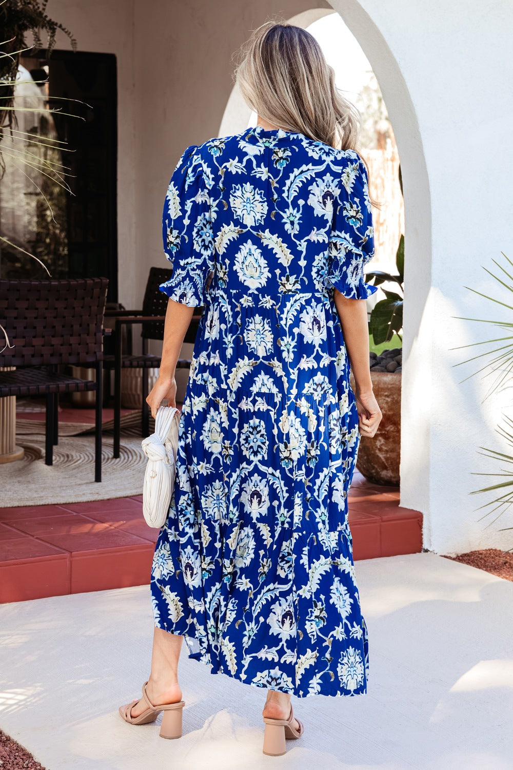 Floral Blue Midi Dress Ruffle Collared Neck Layered Casual Smocked Short Sleeve
