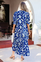 Floral Blue Midi Dress Ruffle Collared Neck Layered Casual Smocked Short Sleeve