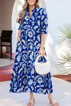 Floral Blue Midi Dress Ruffle Collared Neck Layered Casual Smocked Short Sleeve
