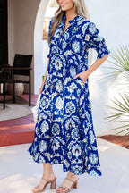 Floral Blue Midi Dress Ruffle Collared Neck Layered Casual Smocked Short Sleeve