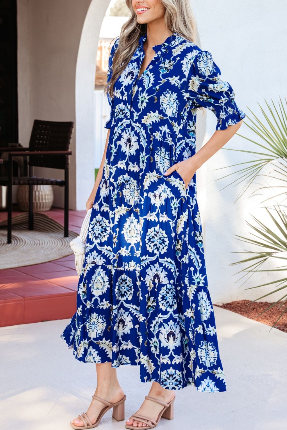 Floral Blue Midi Dress Ruffle Collared Neck Layered Casual Smocked Short Sleeve