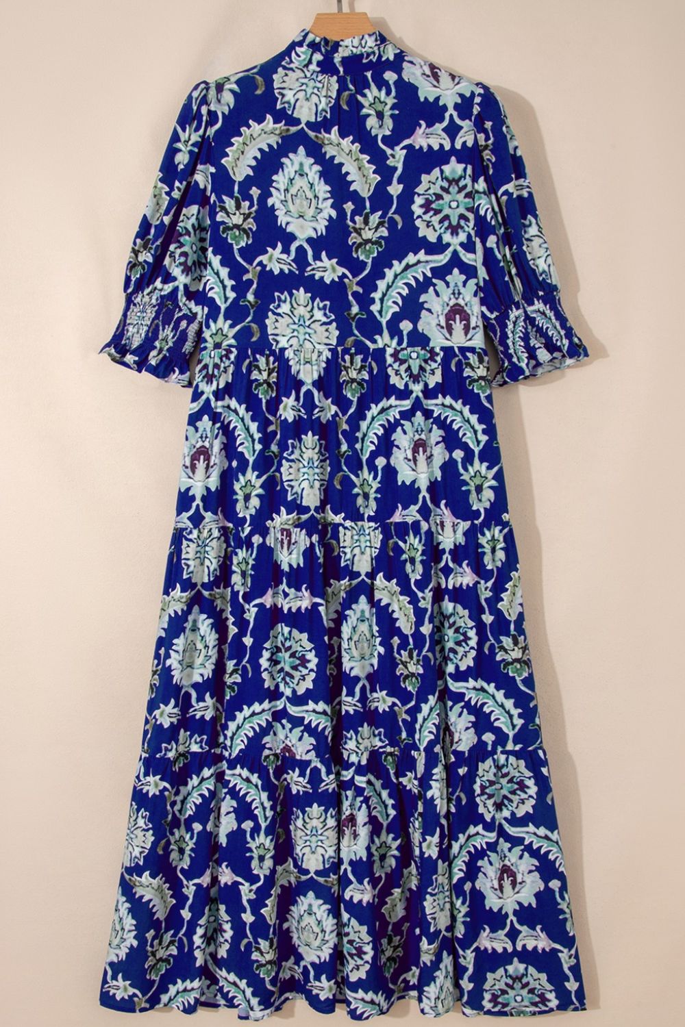 Floral Blue Midi Dress Ruffle Collared Neck Layered Casual Smocked Short Sleeve