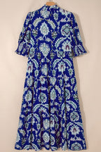 Floral Blue Midi Dress Ruffle Collared Neck Layered Casual Smocked Short Sleeve