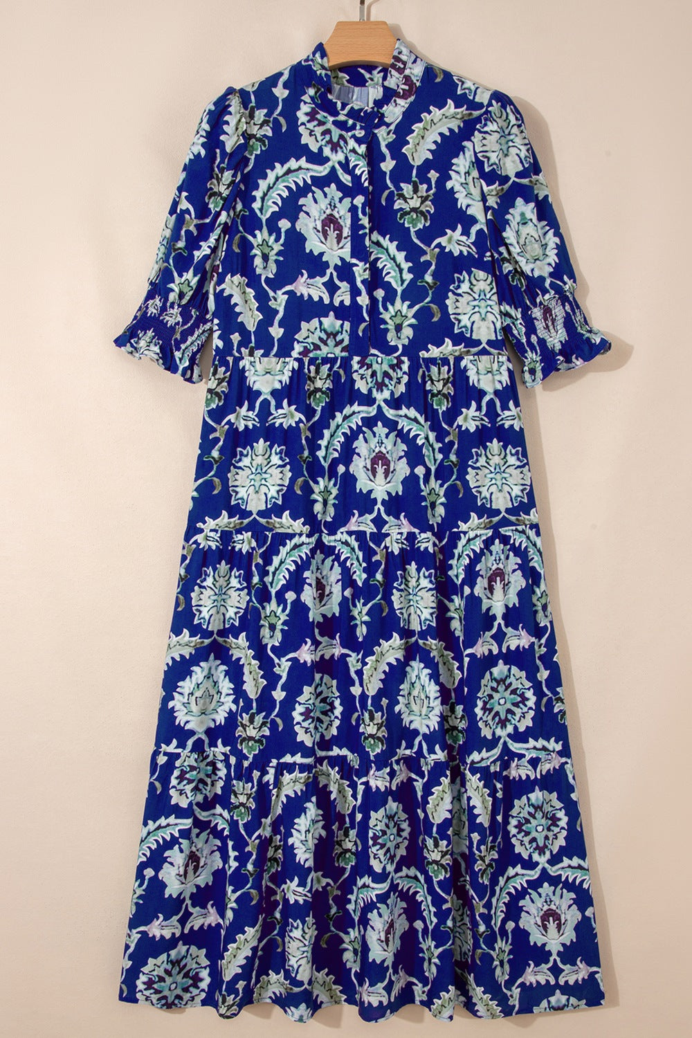Floral Blue Midi Dress Ruffle Collared Neck Layered Casual Smocked Short Sleeve