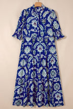 Floral Blue Midi Dress Ruffle Collared Neck Layered Casual Smocked Short Sleeve