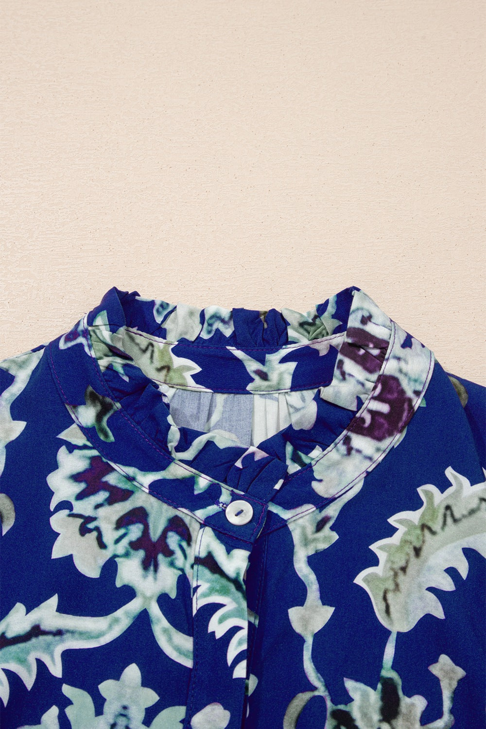 Floral Blue Midi Dress Ruffle Collared Neck Layered Casual Smocked Short Sleeve