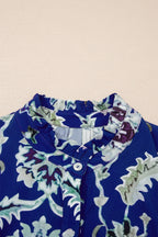 Floral Blue Midi Dress Ruffle Collared Neck Layered Casual Smocked Short Sleeve