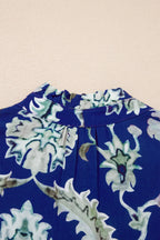Floral Blue Midi Dress Ruffle Collared Neck Layered Casual Smocked Short Sleeve