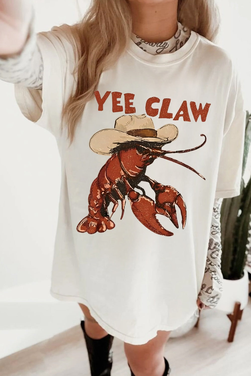 Oversized Casual T-shirt Yee Claw Graphic Print White Short Sleeve Cotton Top