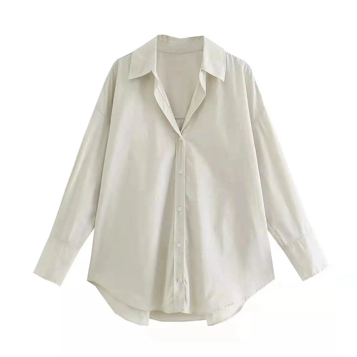 Camicia maniche lunghe oversize avorio opaco con finitura lucente e stile taglio allungato moderno